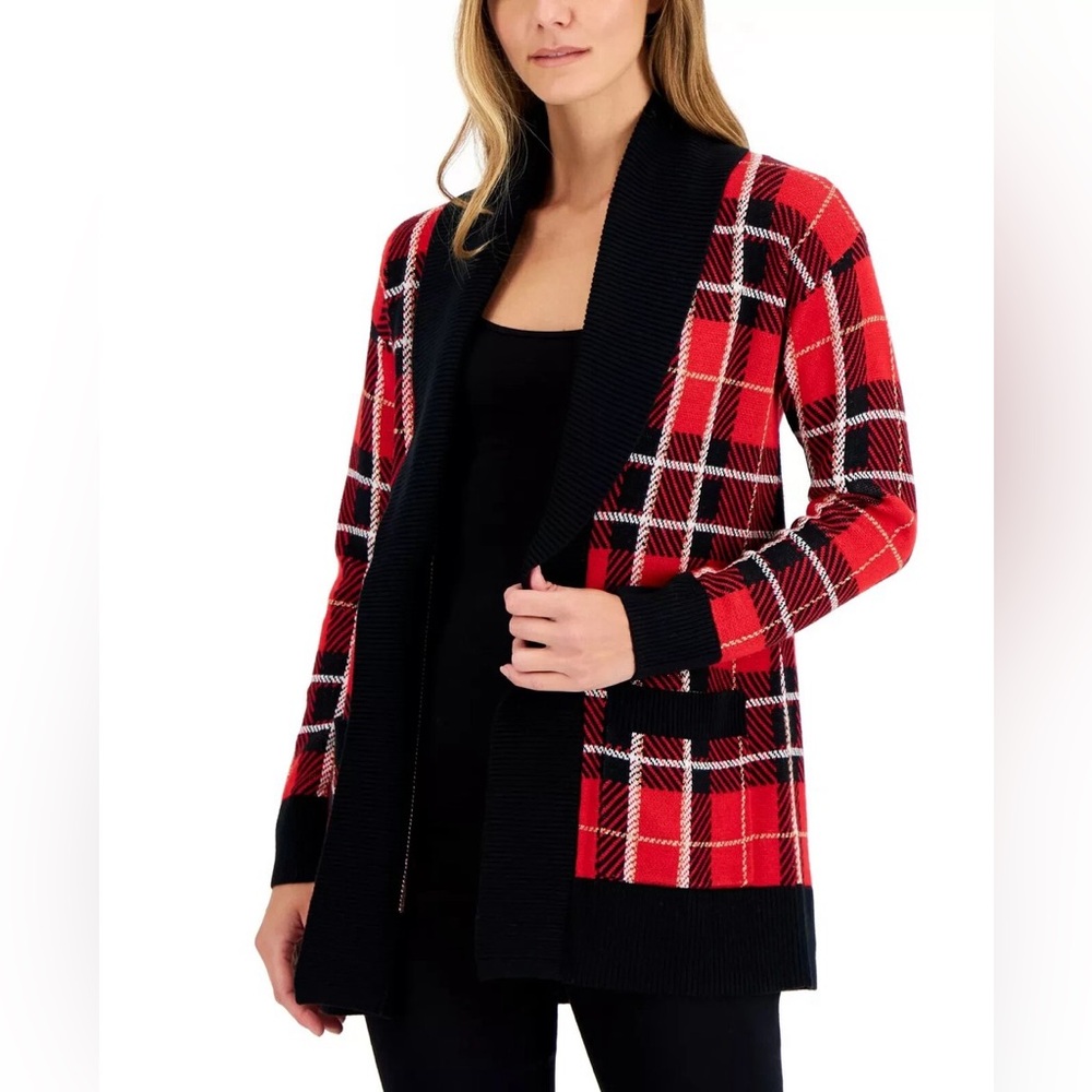 Charter Club plaid open front cardigan perfect holidays size small preppy & warm